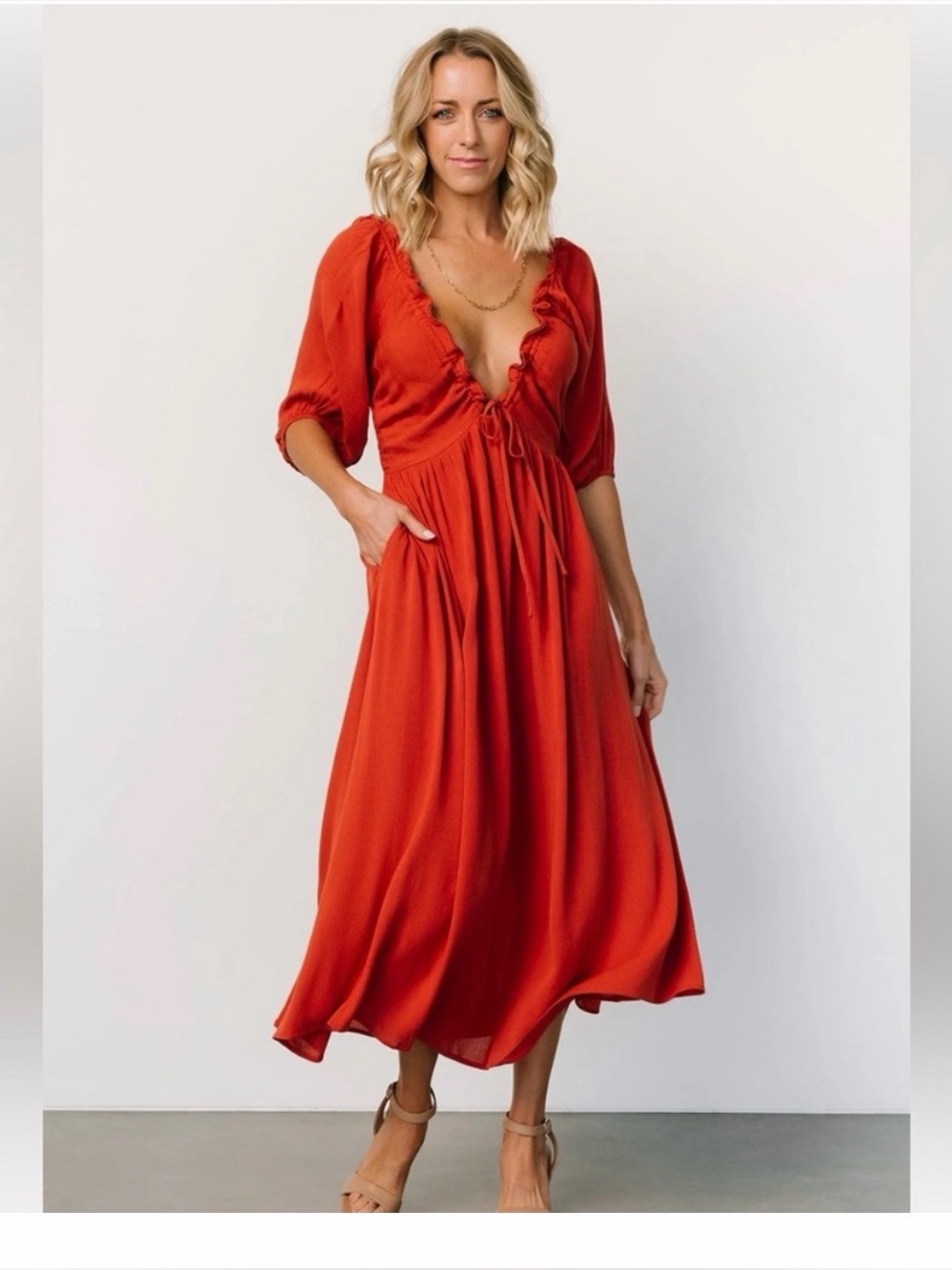 Women's Rust Ruffle-Trim Midi Dress